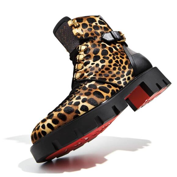 Christian Louboutin Macademia Leopard-Print Calf Hair Snake Moto Combat Booties - Picture 3 of 15
